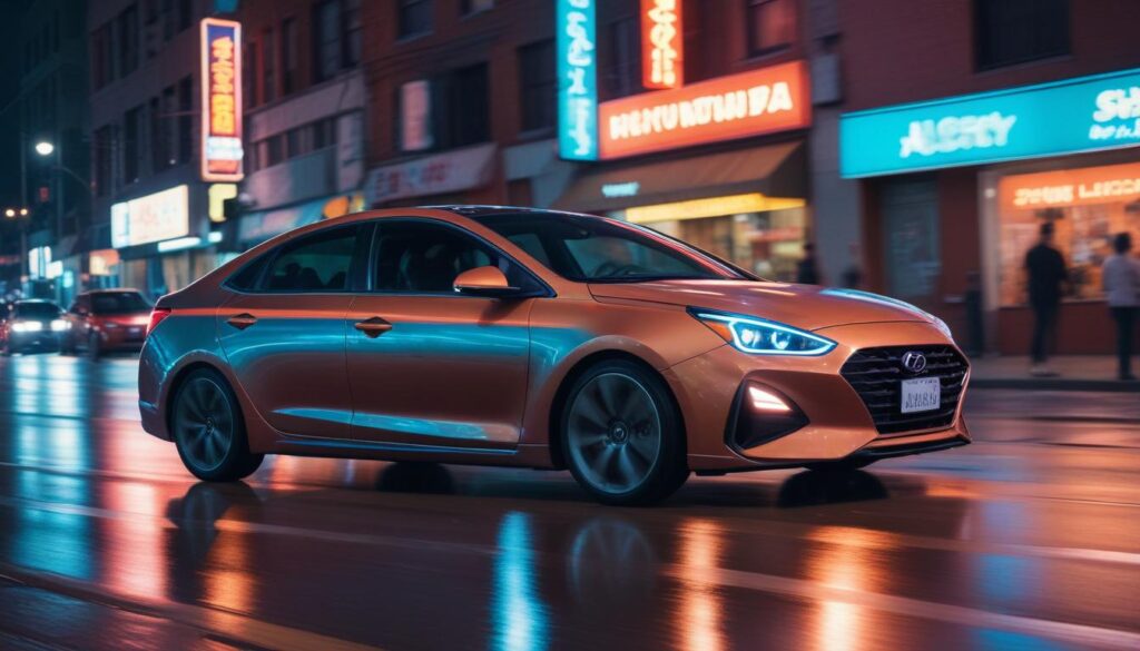 2025 Hyundai Aura SX: Ultimate Review of Features & Mileage 2025 Hyundai Aura SX sedan driving in an urban city street at sunset, headlights glowing, cinematic reflections on body, realistic motion blur.
