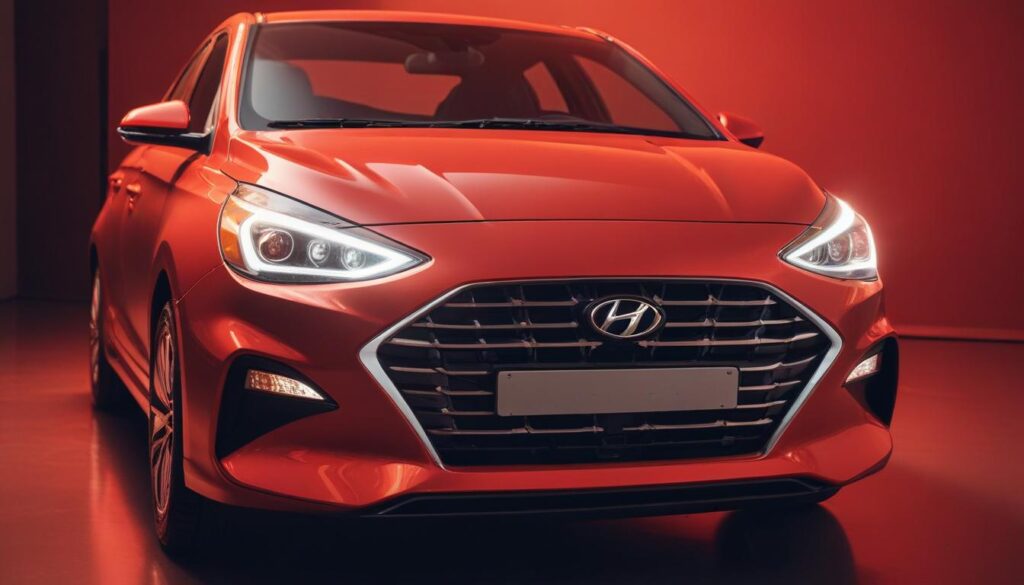 2025 Hyundai Aura SX: Ultimate Review of Features & Mileage 2025 Hyundai Aura SX sedan front angle, bold chrome grille, LED headlights, shiny red body, studio background, professional product photography.