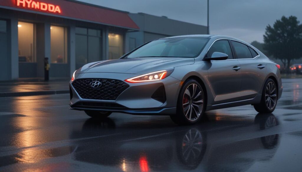 2025 Hyundai Aura SX side profile, smooth aerodynamic design, metallic grey finish, alloy wheels, parked on an open road with blue sky, cinematic style