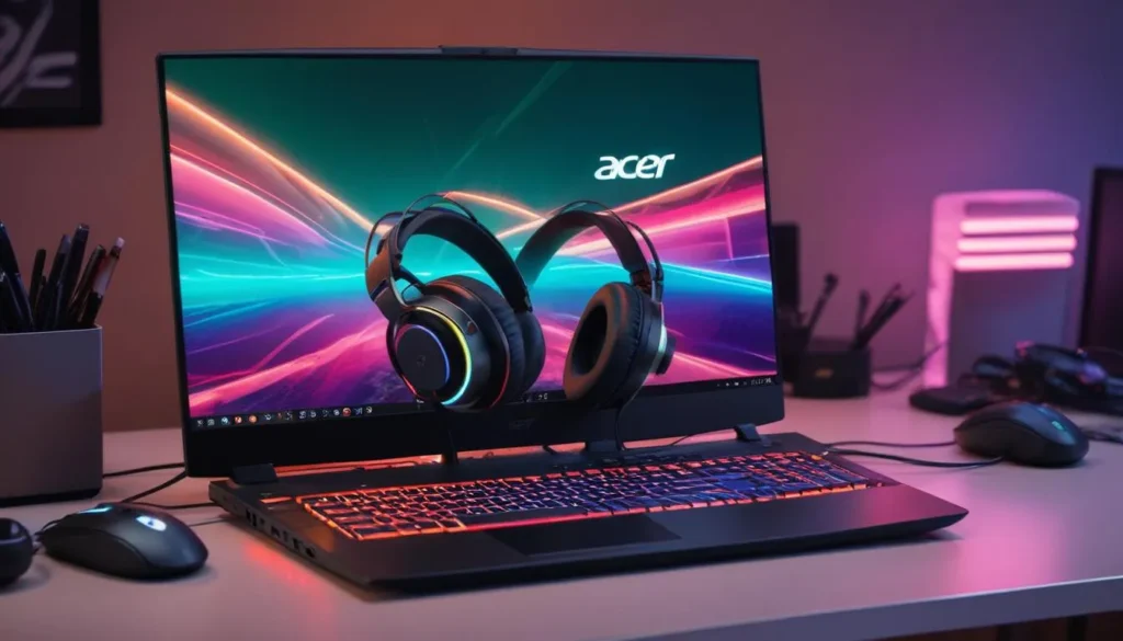 Acer Nitro V15 with gaming setup including mouse and headphones