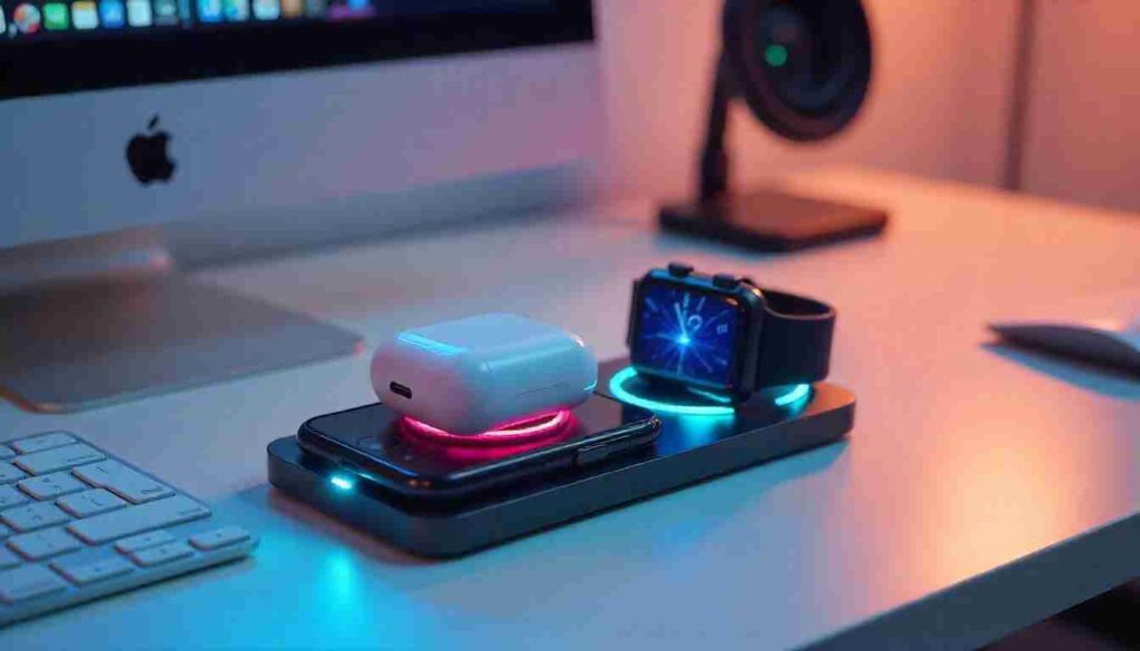 Best Wireless Charging Solutions for Phones 2025 Wireless Charging Eller Santé 23W MagSafe 3-in-1 wireless charger for iPhone, AirPods, and Apple Watch charging together on desk