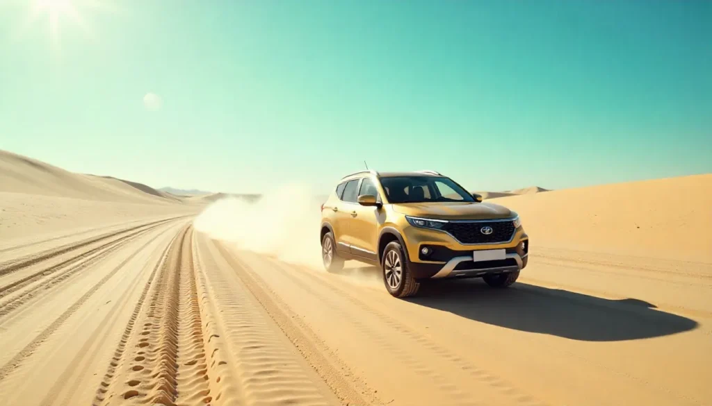 New Tata Punch 2025 in India: Expected Features, Variants Golden Tata Punch 2025 SUV on desert highway with sand dunes