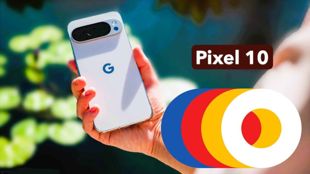 Google Pixel 10 featuring a powerful 48 MP camera Google Pixel 10 front view with 6.3-inch OLED display, punch-hole selfie camera, and bright wallpaper on smooth 120Hz screen.