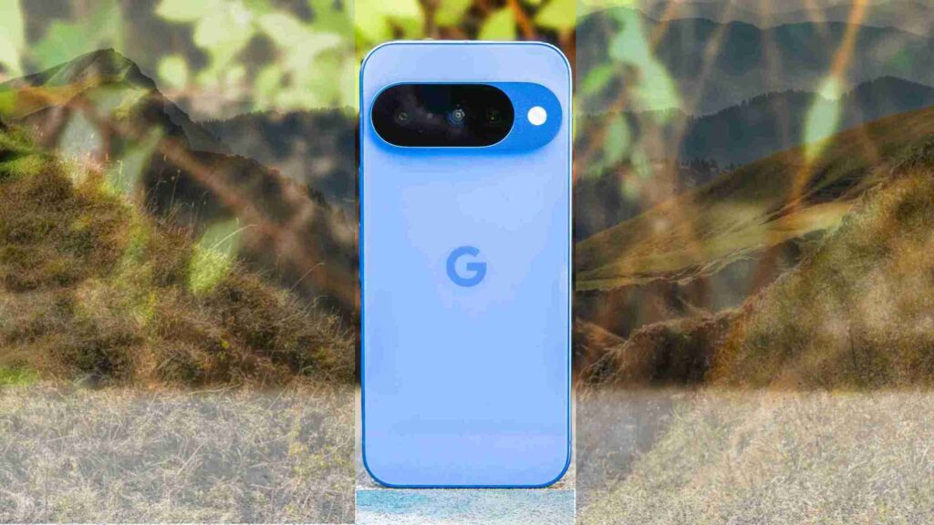 Google Pixel 10 featuring a powerful 48 MP camera Google Pixel 10 with stereo speakers, sound waves, and connectivity icons like 5G, Wi-Fi, and Bluetooth.