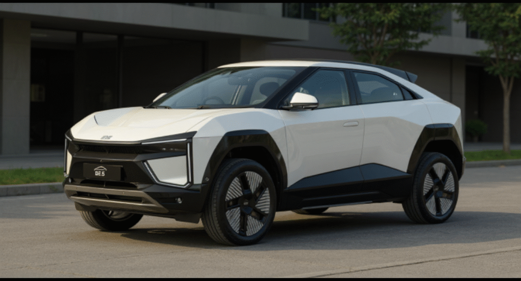 Mahindra BE 6 SUV: Price, Range, Specs & Luxury Features Rear view of Mahindra BE 6 SUV, red color, LED taillights, dual exhaust, modern bumper, rear windshield wiper, parked on a suburban street, realistic lighting and shadows, high-resolution, accurate dep