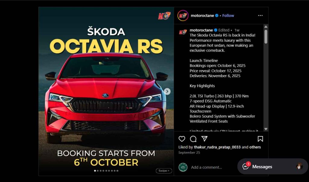 Powerful Skoda Octavia RS Launching Oct 17 – Only 100 Units Screenshot 2025 Skoda Octavia RS