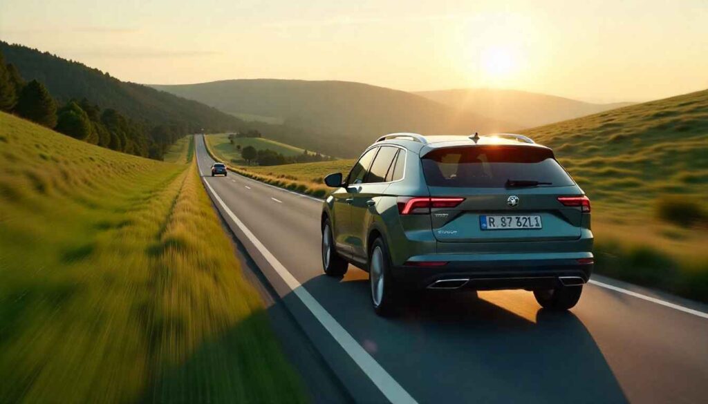 Skoda Elroq Powerful Electric SUV Set for Launch in Dec 2025 Skoda Elroq driving on highway during sunset