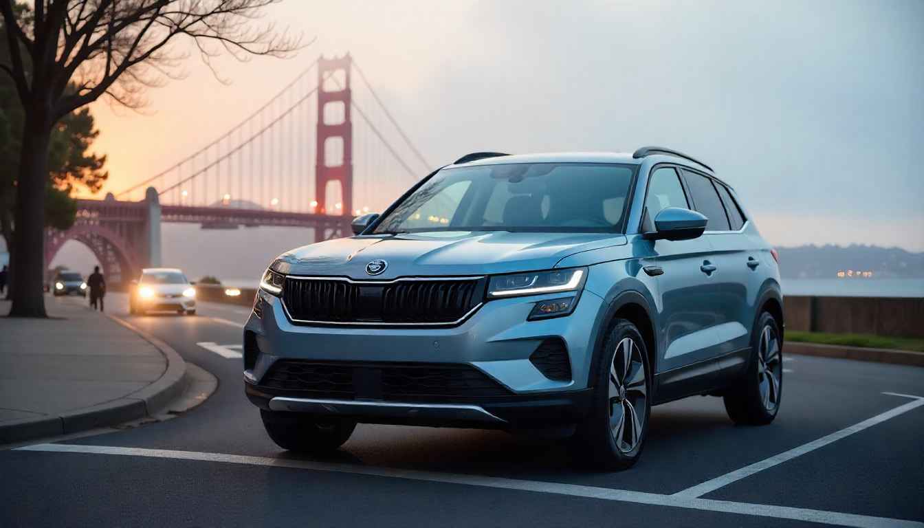 Skoda Elroq front view with slim LED lights and glossy grille