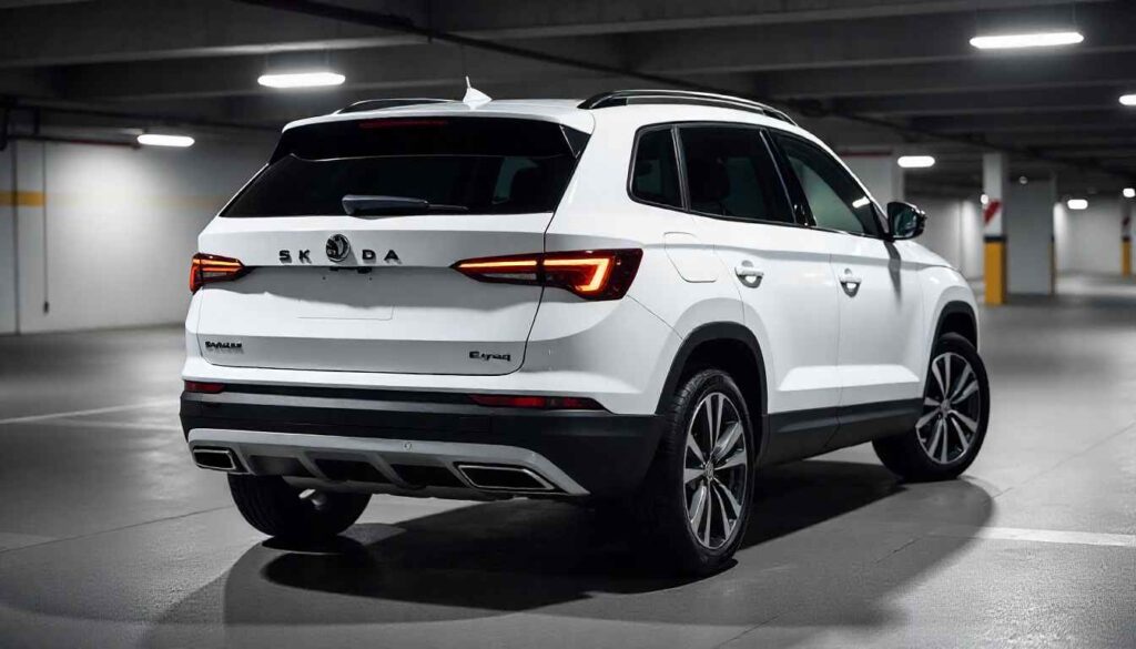 Skoda Elroq Powerful Electric SUV Set for Launch in Dec 2025 Skoda Elroq rear view with bold SKODA lettering and LED tail lamps