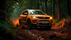 Terms & Conditions Tata Punch 2025 driving on off-road trail with mud splashes