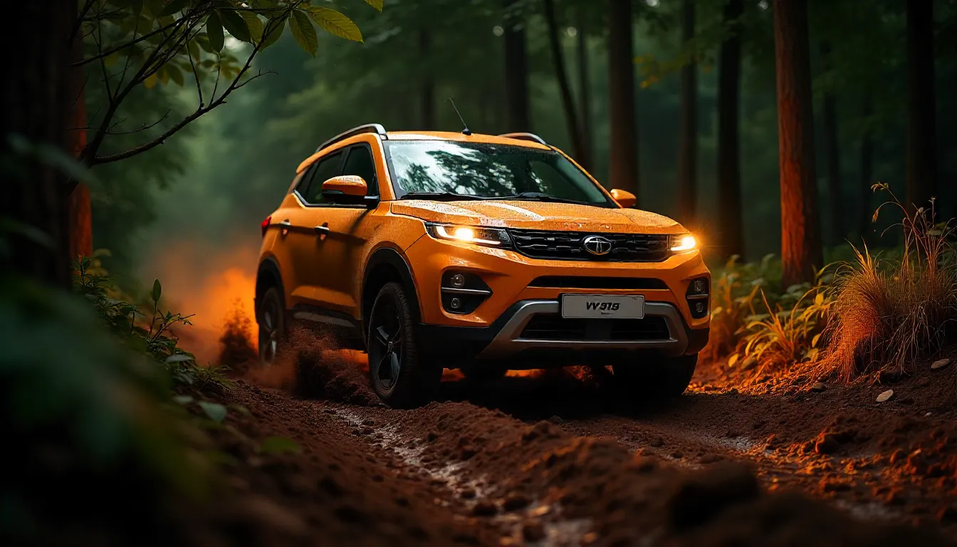 Tata Punch 2025 driving on off-road trail with mud splashes