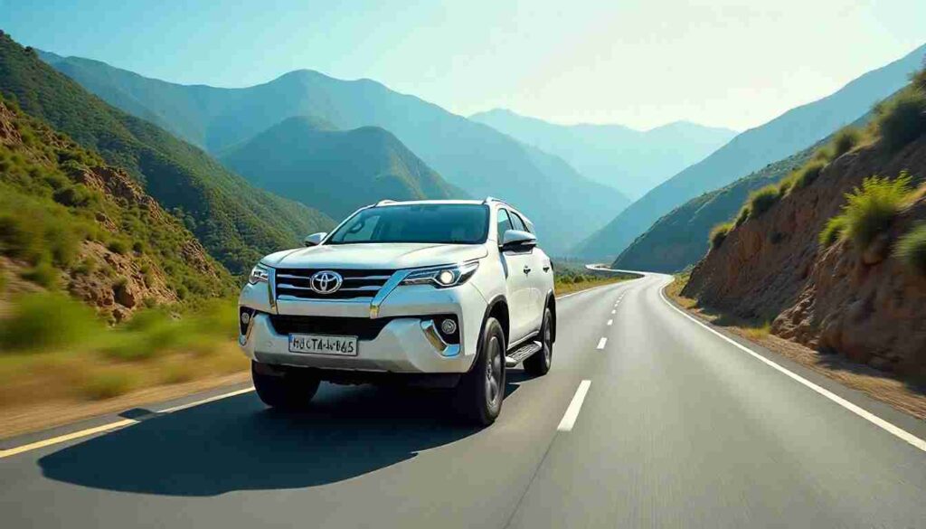Big Savings: Toyota Cars Get Cheaper in India After GST 2.0 Toyota Fortuner SUV driving on a mountain highway in India after GST 2.0 price  cuts