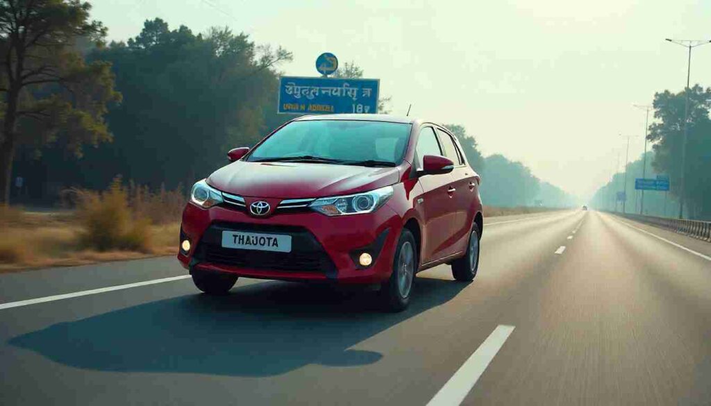 Big Savings: Toyota Cars Get Cheaper in India After GST 2.0 Toyota cars Glanza hatchback cruising on an Indian highway after GST 2.0