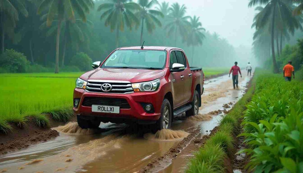 Big Savings: Toyota Cars Get Cheaper in India After GST 2.0 Toyota Hilux pickup truck driving through rural India after GST 2.0 price cuts