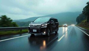 Terms & Conditions Toyota Vellfire luxury MPV driving on an Indian highway with mountain backdrop