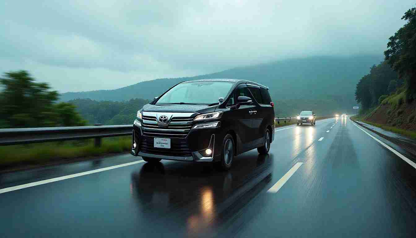 Toyota Vellfire luxury MPV driving on an Indian highway with mountain backdrop