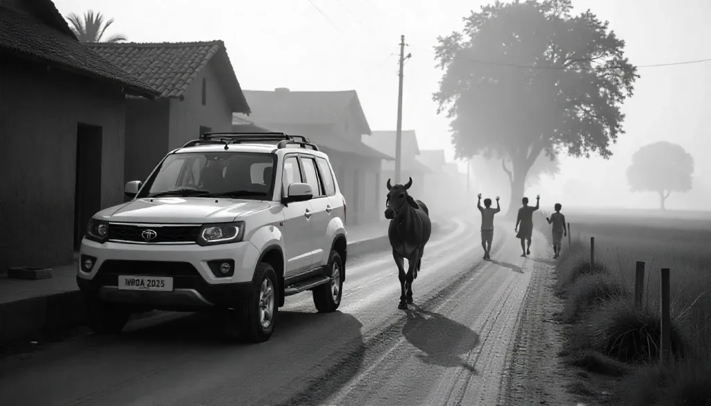 New Tata Punch 2025 in India: Expected Features, Variants White Tata Punch 2025 parked near traditional village houses in India