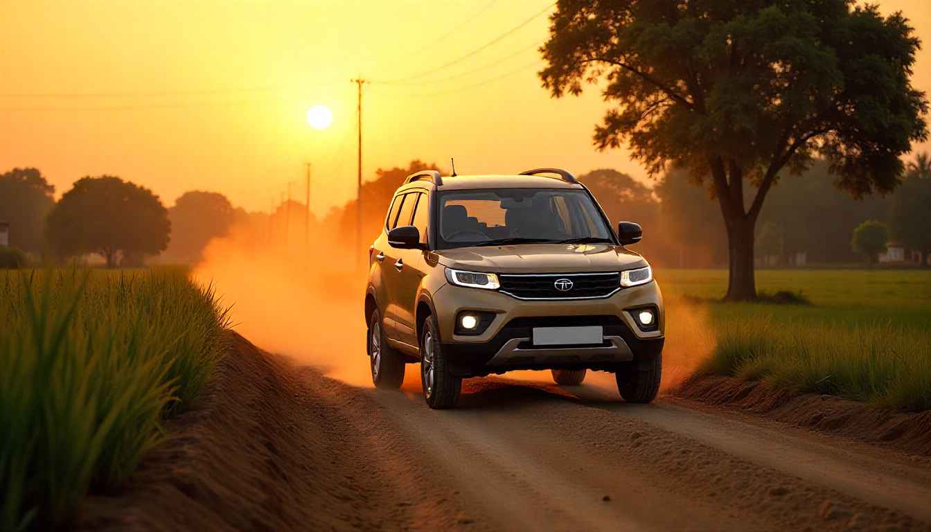 Tata Sumo 2025 driving on village road showing high ground clearance and rugged SUV look