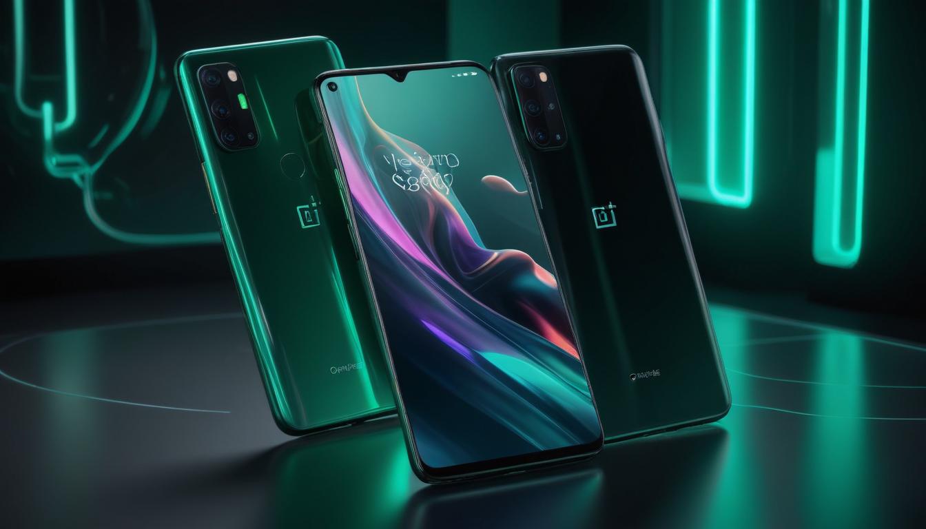 OnePlus 12 5G smartphone with large AMOLED screen, triple camera, and futuristic 5G background