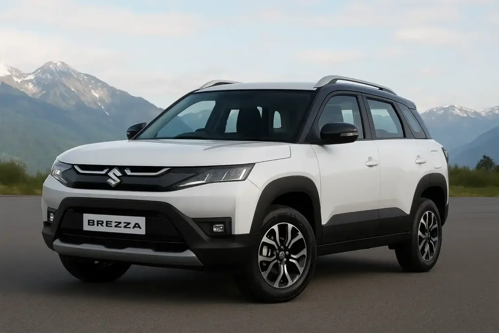 Maruti Suzuki Brezza 2025 White 34 Front Angle – Parked on Mountain Road with Scenic Background