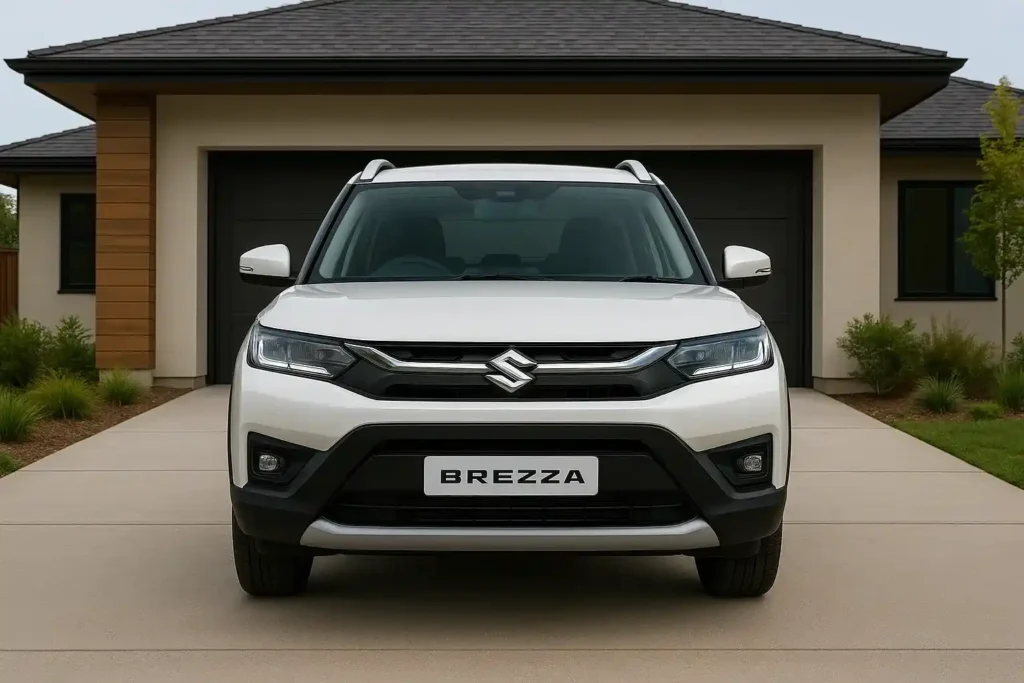 Maruti Suzuki Brezza 2025 White Front View – Parked in Front of Modern House