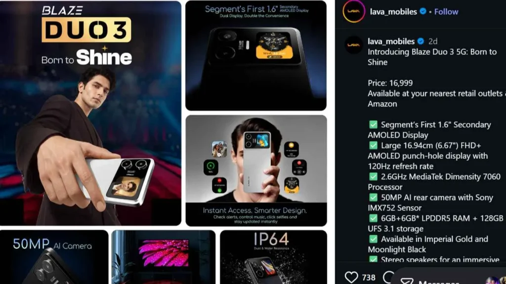 Lava Blaze Duo 3 Review: Dual Display Phone Under ₹20,000 Lava Blaze Duo 3 Premium Design Shown on instagram screenshot