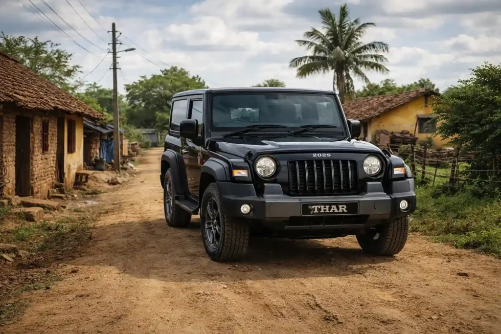 Mahindra Thar 2025 black SUV on Indian village road