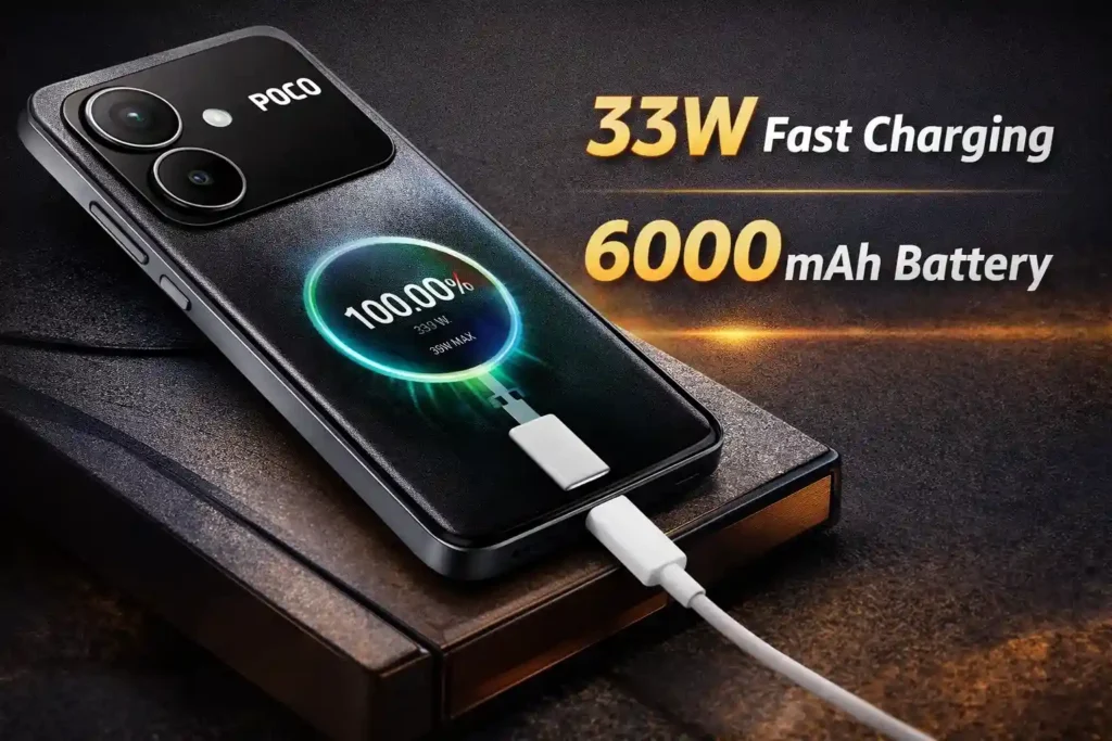 POCO C85 5G charging with 33W fast charger and 6000mAh battery indicator on screen