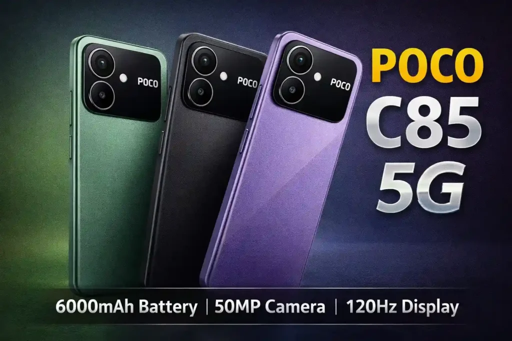 POCO C85 5G rear design showing dual camera setup in green, black and purple color options
