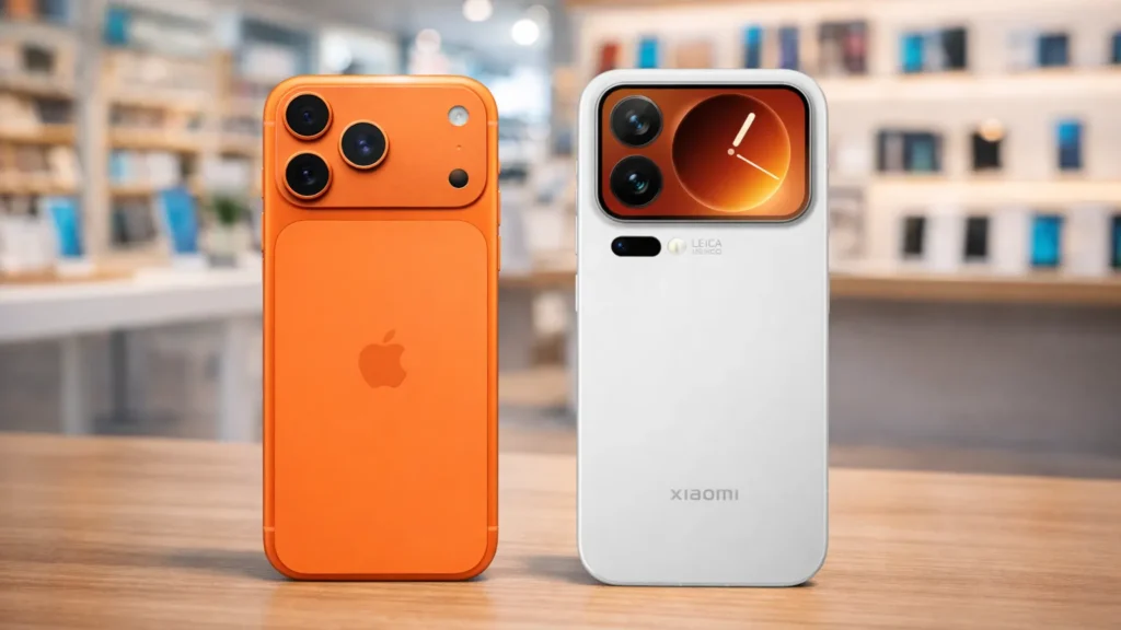 flagship phone comparison Xiaomi 17 vs iPhone 17 in mobile shop