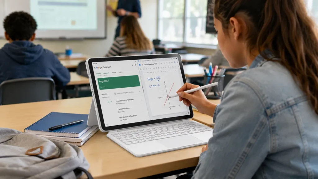 ASUS Chromebook CM14, ChromeOS interface visible, modern educational environment
