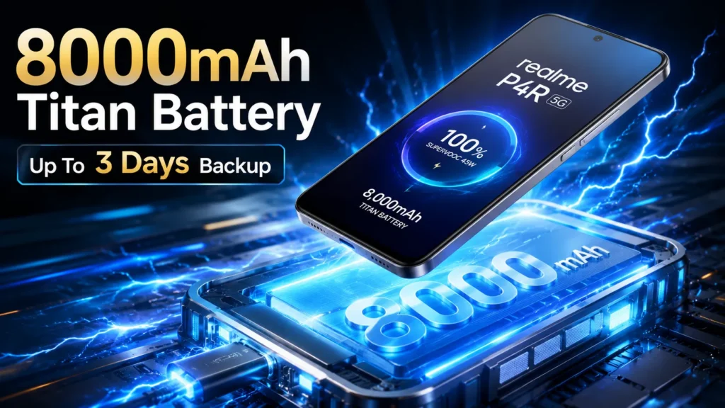Realme P4R 5G 8000mAh Titan Battery with up to 3 days backup and 45W SUPERVOOC fast charging technology