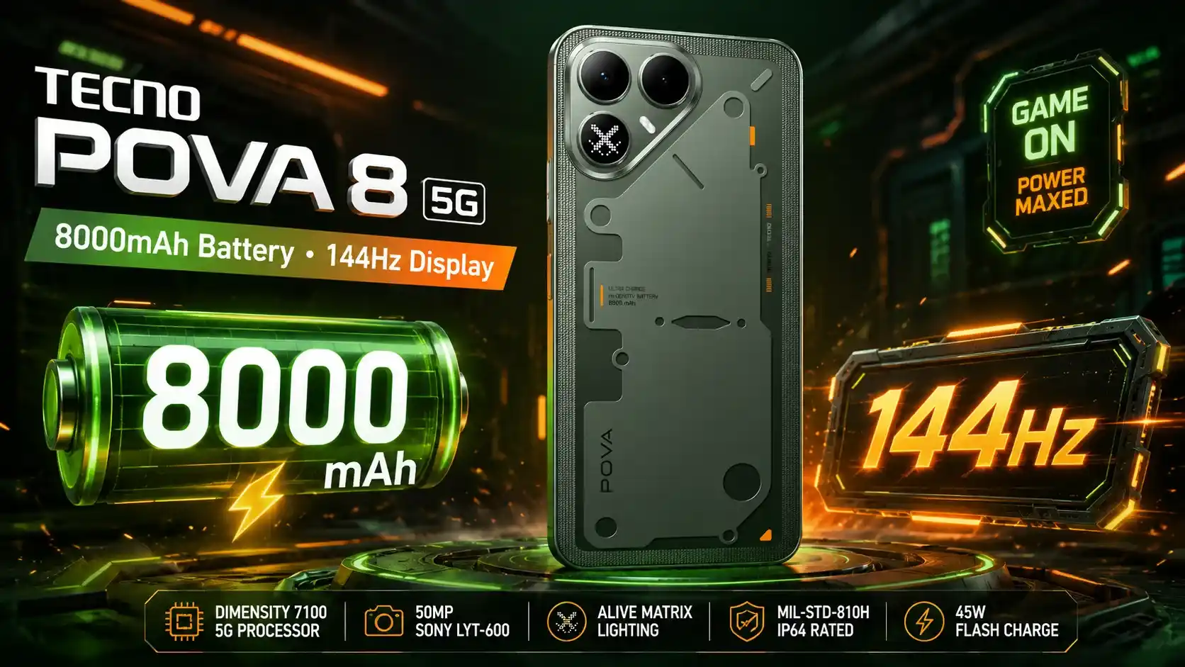 TECNO POVA 8 5G with 8000mAh battery and 144Hz display