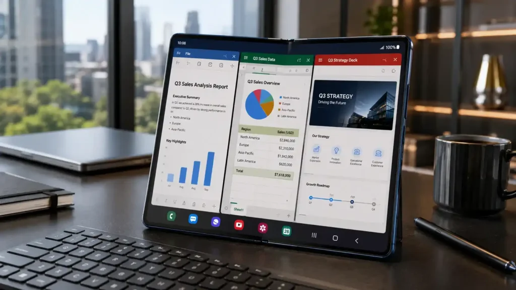 Samsung Galaxy Z Fold 8 5G in a premium executive workspace with Galaxy ecosystem accessories