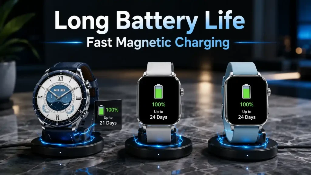 Xiaomi Watch S5 46mm and Redmi Watch 6 series with magnetic charging docks highlighting long battery life