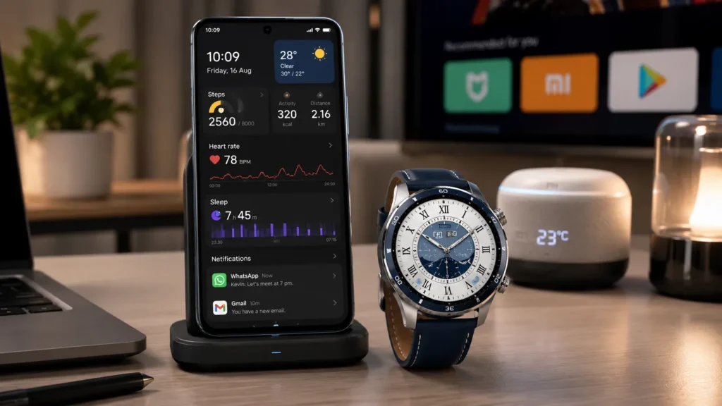 Xiaomi Watch S5 46mm connected to a Xiaomi smartphone displaying notifications