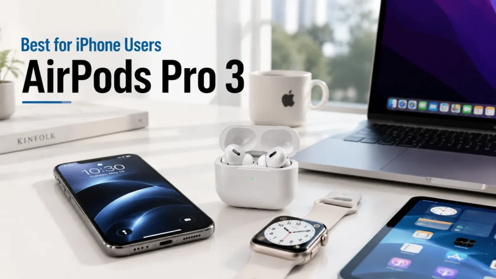 Apple AirPods Pro 3 with iPhone and MacBook on a minimalist workspace