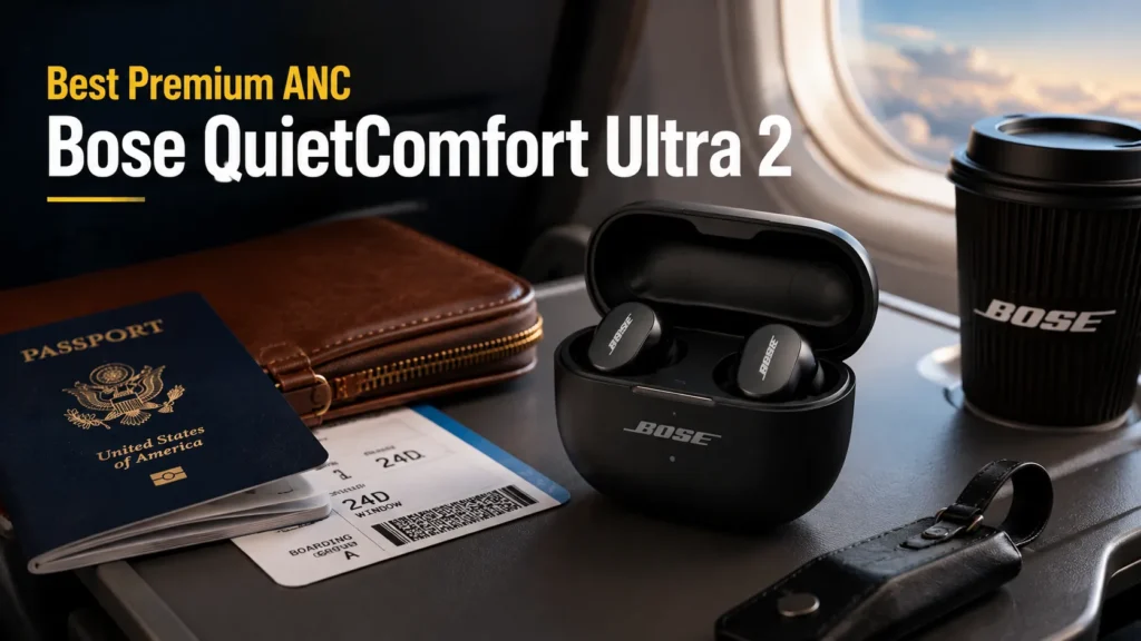 Bose QuietComfort Ultra Earbuds (2nd Gen) on an airplane tray table