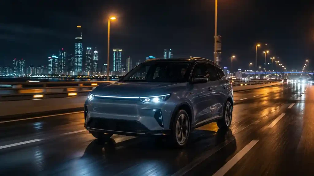 Electric SUV Driving on a Night Highway in India