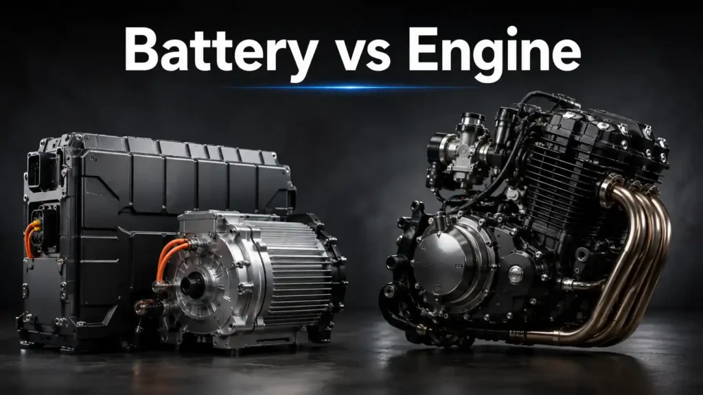 Electric Bike vs Petrol Bike: Pros, Cons & Ownership Cost 2026 Electric vehicle battery and petrol motorcycle engine comparison