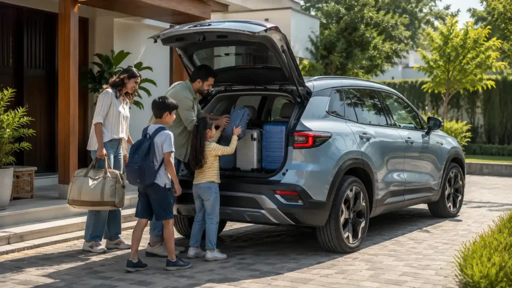Family Preparing for a Road Trip in an Electric SUV