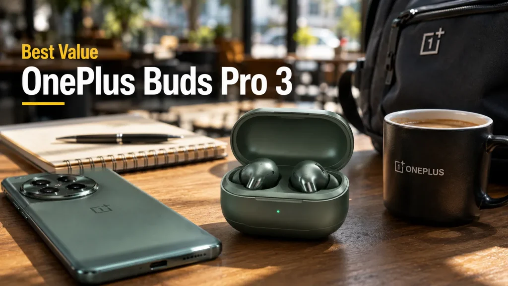 OnePlus Buds Pro 3 earbuds on a modern café table beside a smartphone