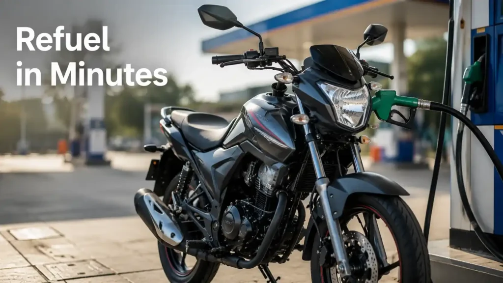 Electric Bike vs Petrol Bike: Pros, Cons & Ownership Cost 2026 Petrol motorcycle being refueled at a fuel station
