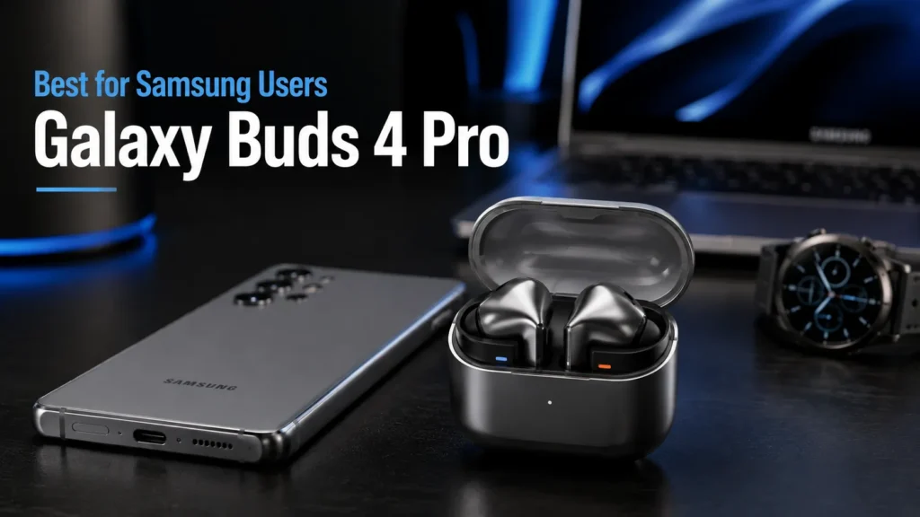 Samsung Galaxy Buds 4 Pro with Galaxy smartphone in a premium setup