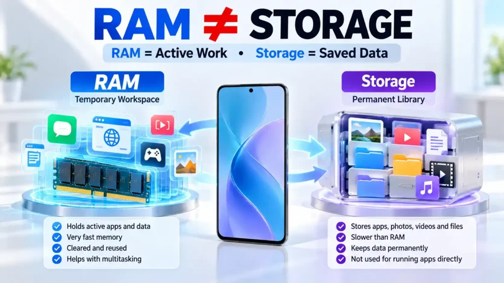 how much RAM do you need in a smartphone? 6GB vs 8GB vs 12GB vs 16GB RAM versus smartphone storage showing RAM for active apps and storage for saved photos videos and files