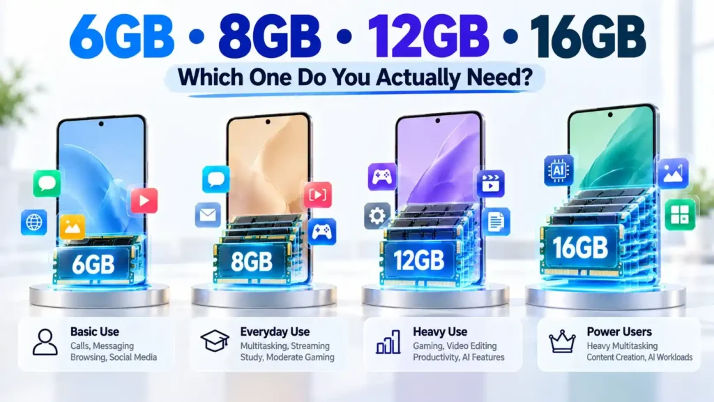 how much RAM do you need in a smartphone? 6GB vs 8GB vs 12GB vs 16GB Smartphone RAM comparison showing 4GB vs 6GB vs 8GB vs 12GB vs 16GB for different user needs