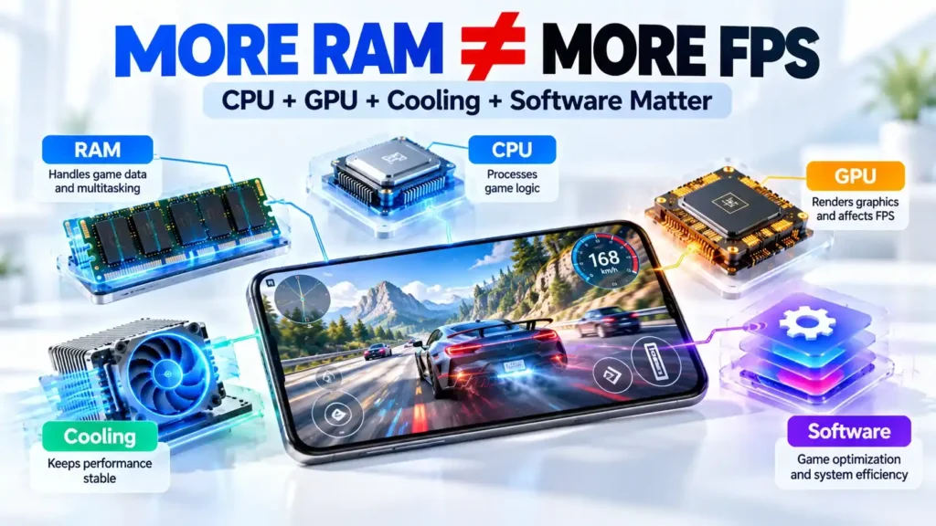 how much RAM do you need in a smartphone? 6GB vs 8GB vs 12GB vs 16GB Smartphone gaming performance showing how RAM CPU GPU cooling and software affect FPS