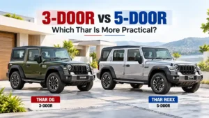 Mahindra Thar OG 3-door vs Thar Roxx 5-door SUVs showing the difference in practicality
