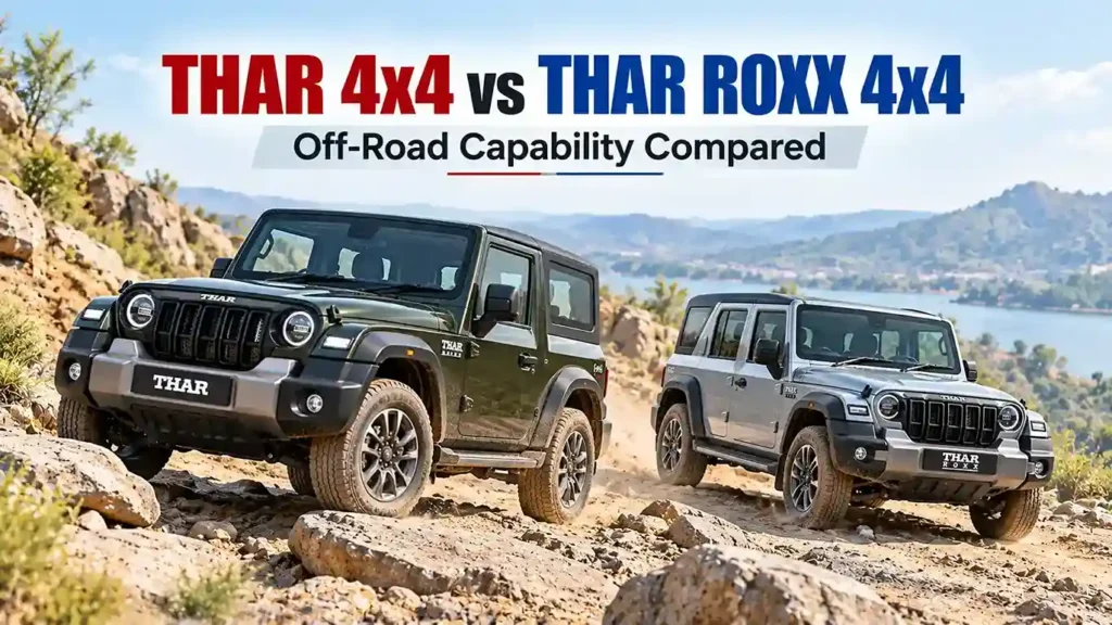Mahindra Thar OG and Thar Roxx 4x4 SUVs driving on a rocky off-road trail