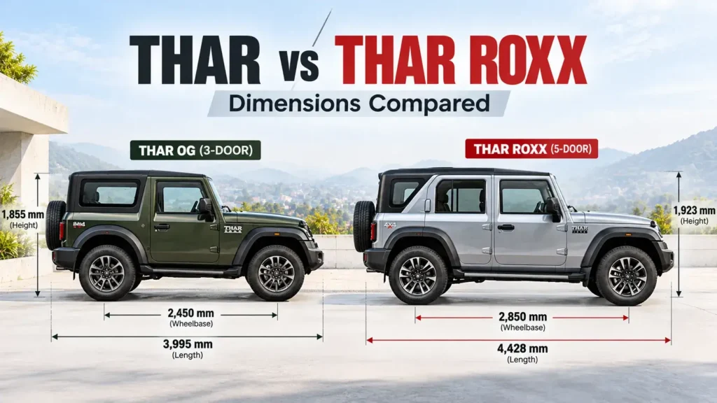 Mahindra Thar OG vs Thar Roxx dimensions compared with length and wheelbase measurements
